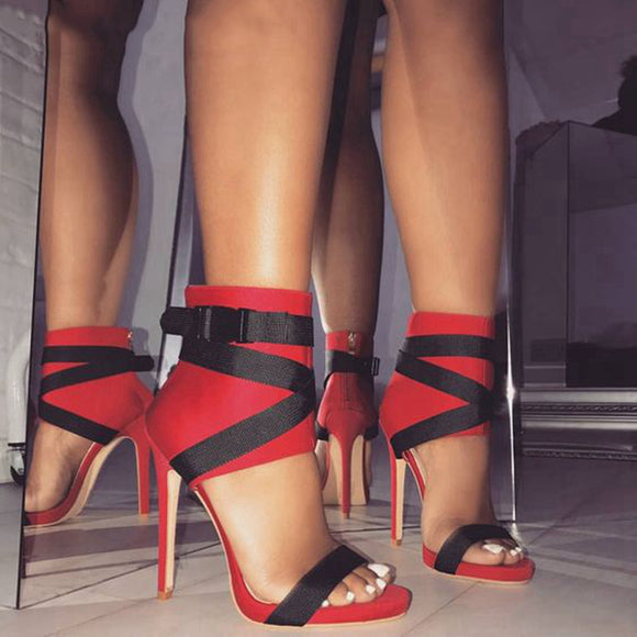 Fashion Fabric Belt Rome Gladiator Peep-toe Patchwork Stilettos High Heels