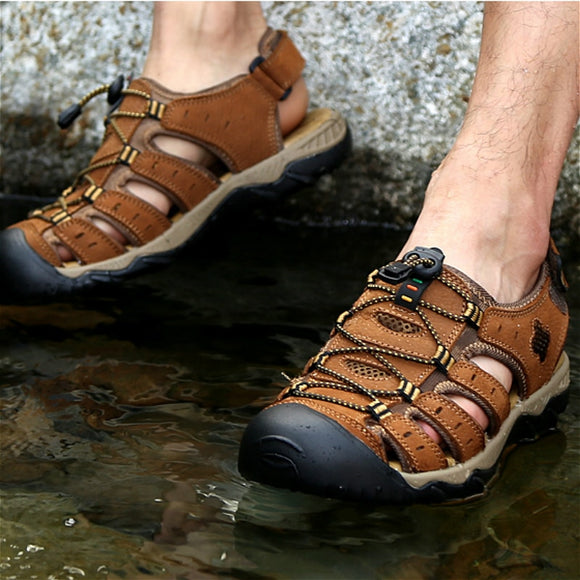 Kaaum Men's Summer Breathable Genuine Leather Big Size Beach Sandals