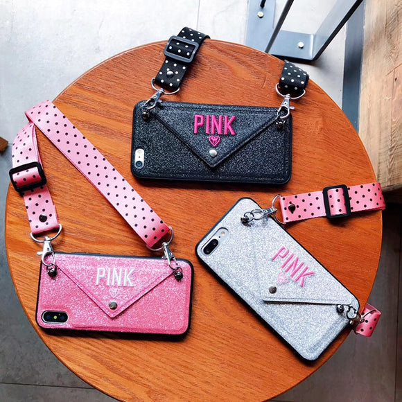 Phone Case - Glitter Embroidery Leather Case for iPhone with Wave Point Lanyard
