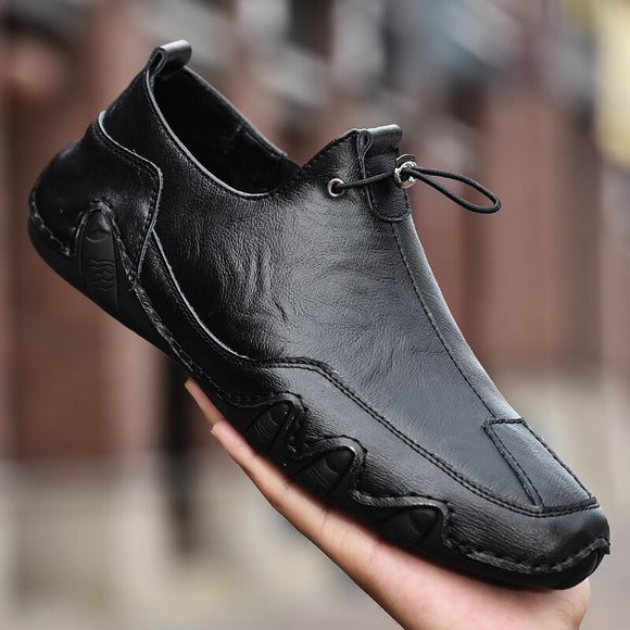 Men Genuine Leather Elastic Lace Casual Driving Shoes