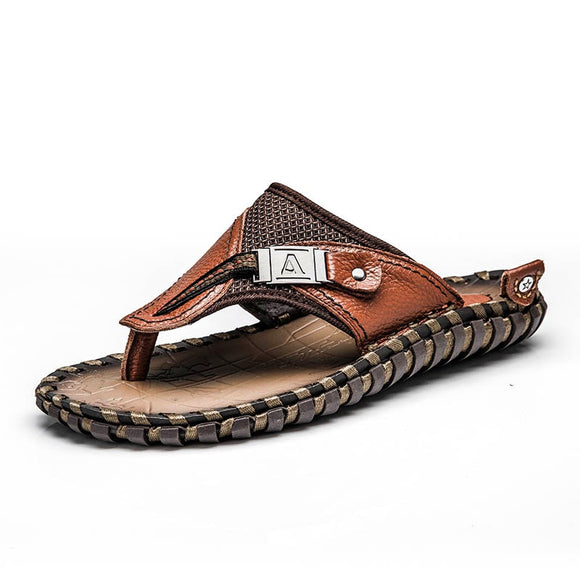 Kaaum-Men's Flip Flops Genuine Leather Slippers Summer Fashion Beach Sandals
